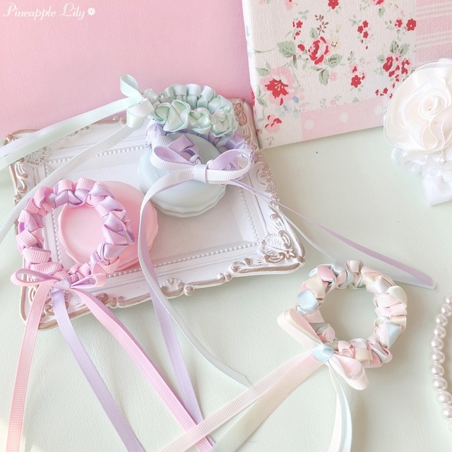 【材料】指2本でつくるリボンシュシュ♡子どもと一緒に楽しめる簡単リボン手芸キット♡材料のみ