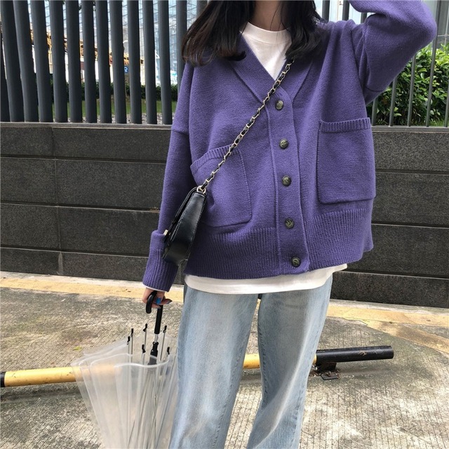 オータムウィンタールーズブラウス レディースレッドニットカーディガンセーター ジャケット 秋物 冬物 パープル 萌量不足31066189281