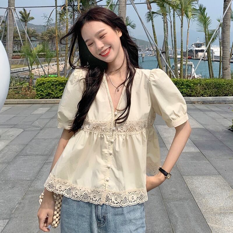 シャツ サマーVネックショートトップス レース 夏物 1号婦人34696032609