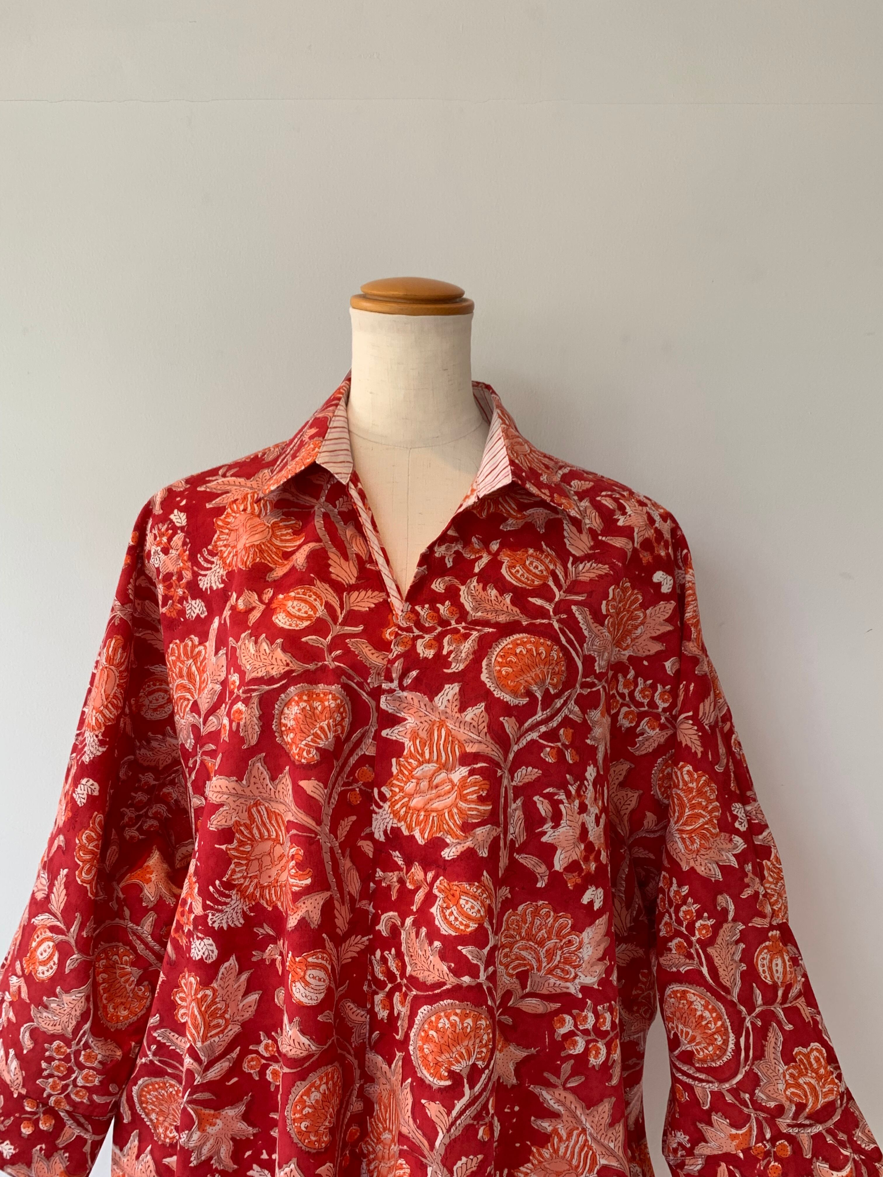 【新作】レッド 赤 涼しい ブラウス 夏ファッション インド綿