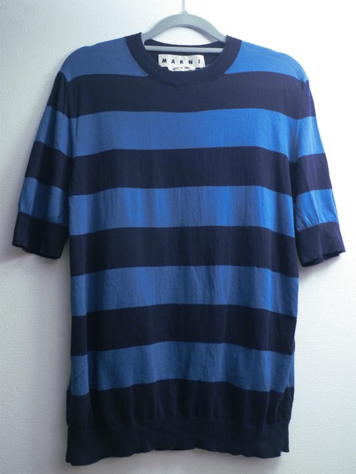 美品◆MARNI マルニ メンズ ボーダー柄 コットンニット 半袖 カットソー Tシャツ 紺x緑◆ 可愛らしさと上品さが絶妙にMIXされた希少モデル