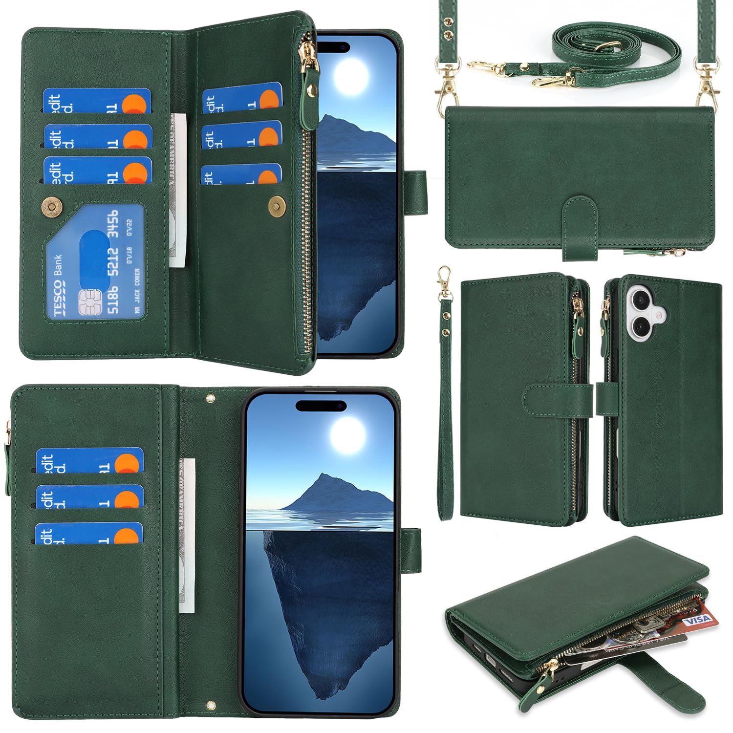 Eastwave アイフォン 16 ケース For iPhone 16 縄掛けケース For iPhone16 手帳型 財布型 ICカード コインポケット ストラップ付き カード 収納 小銭入れ ファスナーポケット付き PUレザー 6色グリーン