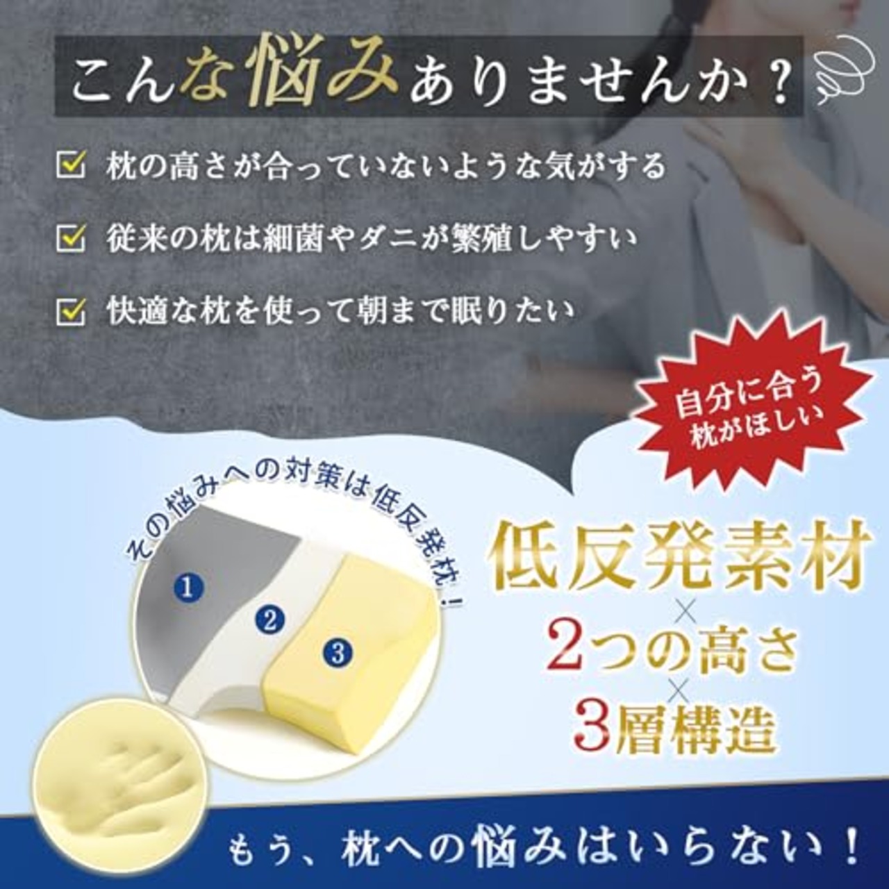 枕 首が痛くならない 快眠 まくら 低反発 安眠枕 低反発枕 横向き 仰向け うつ伏せ 快眠枕 人間工学設計 高め 低め 60D 高密度 3D構造 通気性 pillow 枕头 洗える枕カバー ギフト 誕生日 母の日 父の日 プレゼント 56*28*5.5/10.5cm