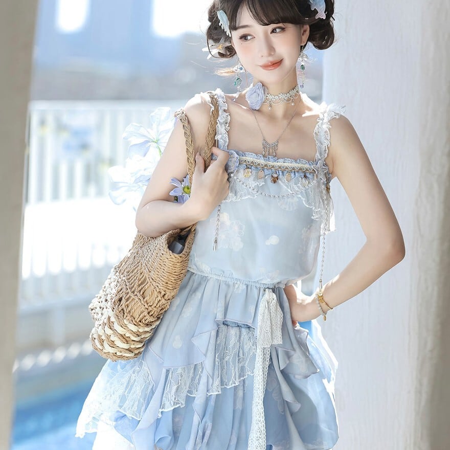 マーメイド風 レースセットアップ ミニスカート アイスブルー リゾート
