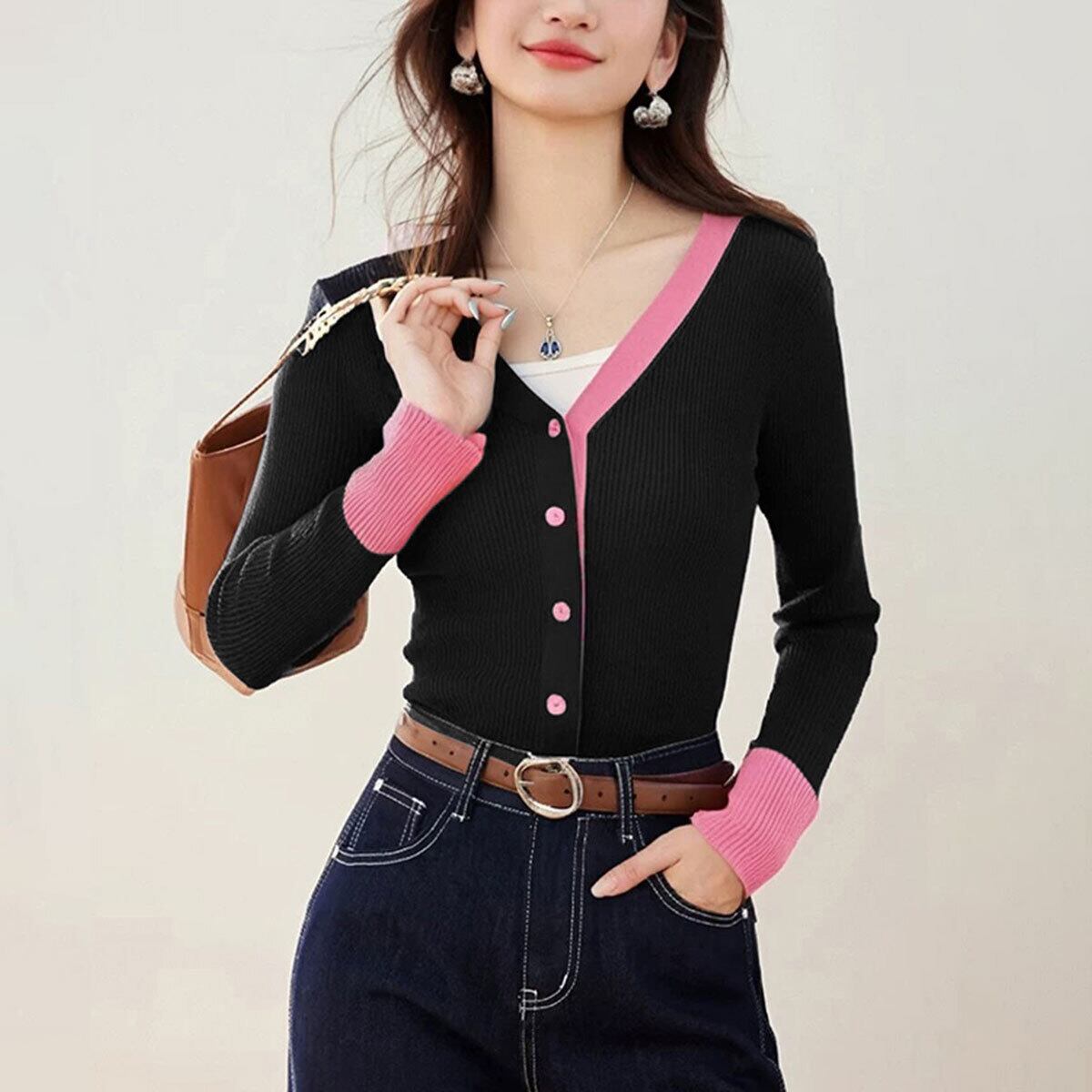 ニットカーディガン バイカラー 長袖 レディース 秋冬 韓国 レイヤード おしゃれ 大人 かわいい きれいめ 羽織り 重ね着 リブニット カジュアル 大人可愛い 大人女子