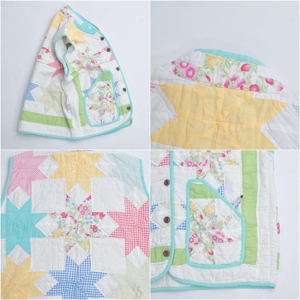 紬素材 裂取り風 パッチワークベスト ロングジレ ハンドメイド一点物