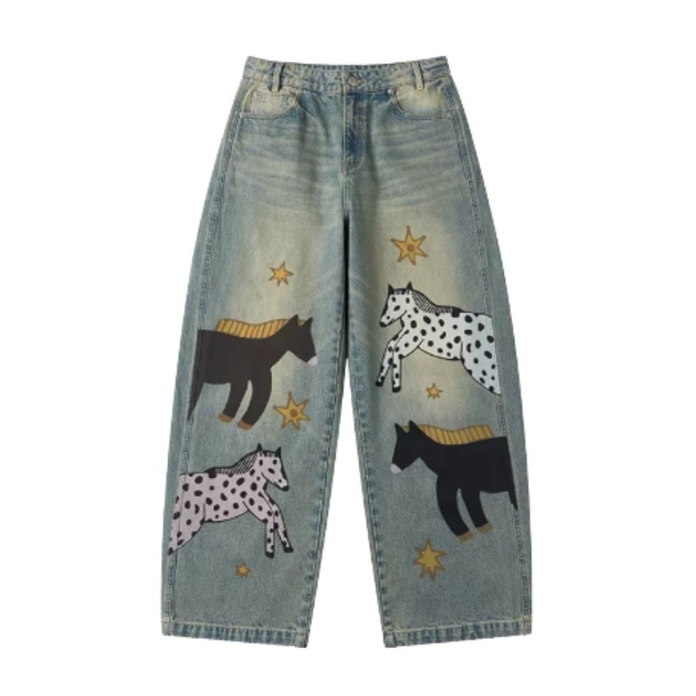 星降る草原を歩く、馬たちのデニムパンツ E00628 | EMMA GRAND