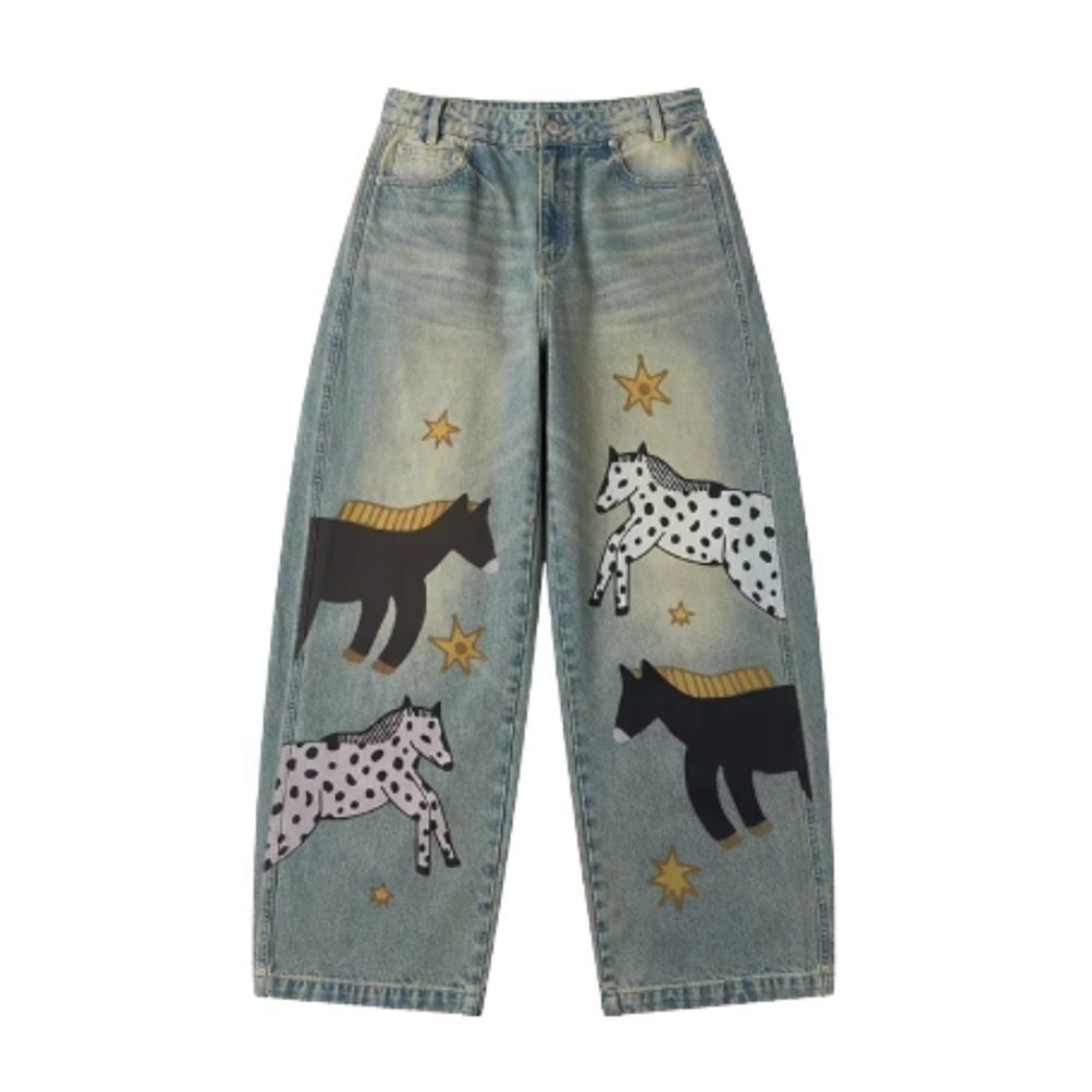 星降る草原を歩く、馬たちのデニムパンツ E00627