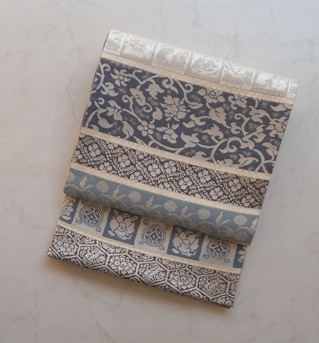 【ふくろ帯】ブルーグレー系　名物裂横段文　ふくろ帯