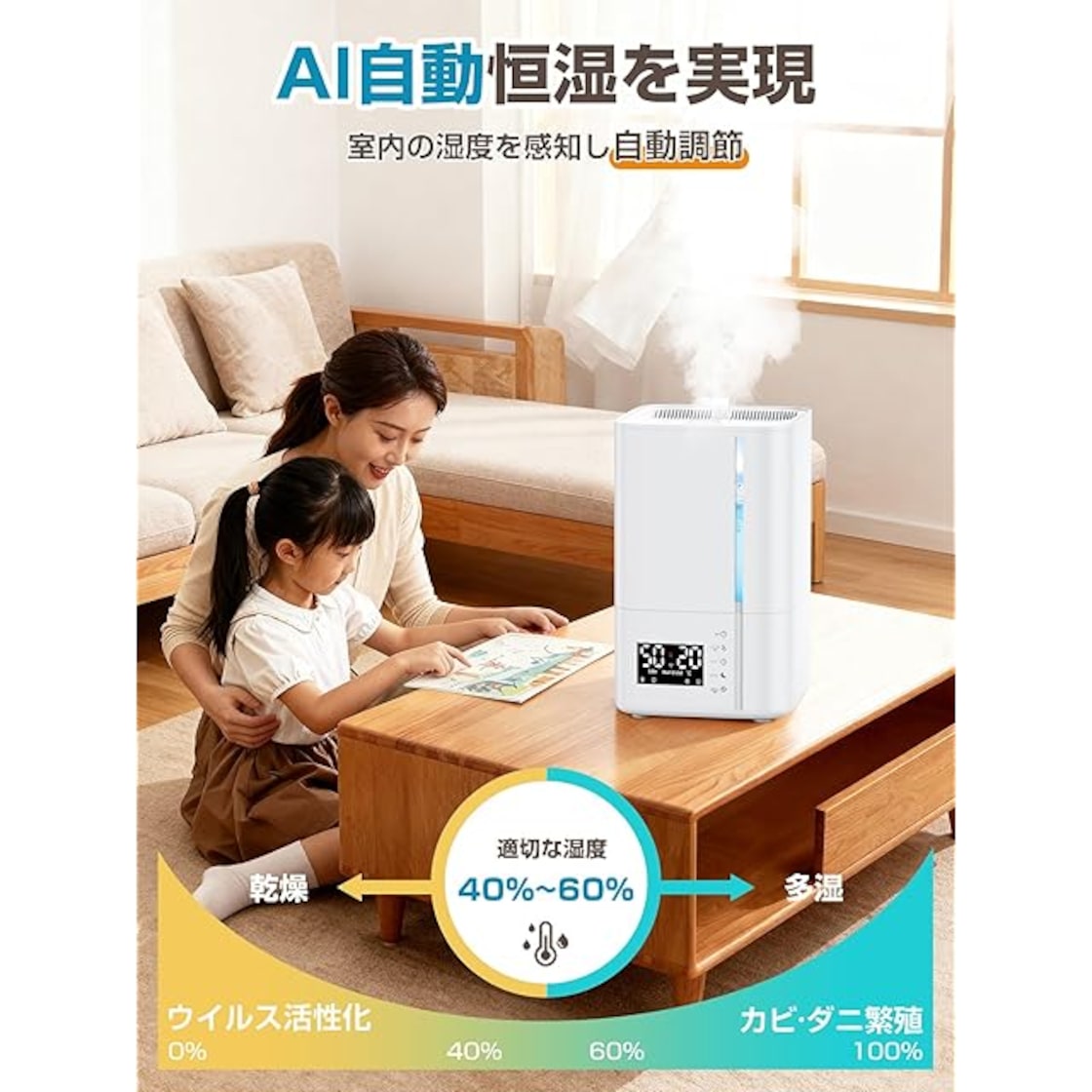 加湿器 スチーム式X超音波式】ハイブリッド式 5.5L大容量 30畳 卓上 