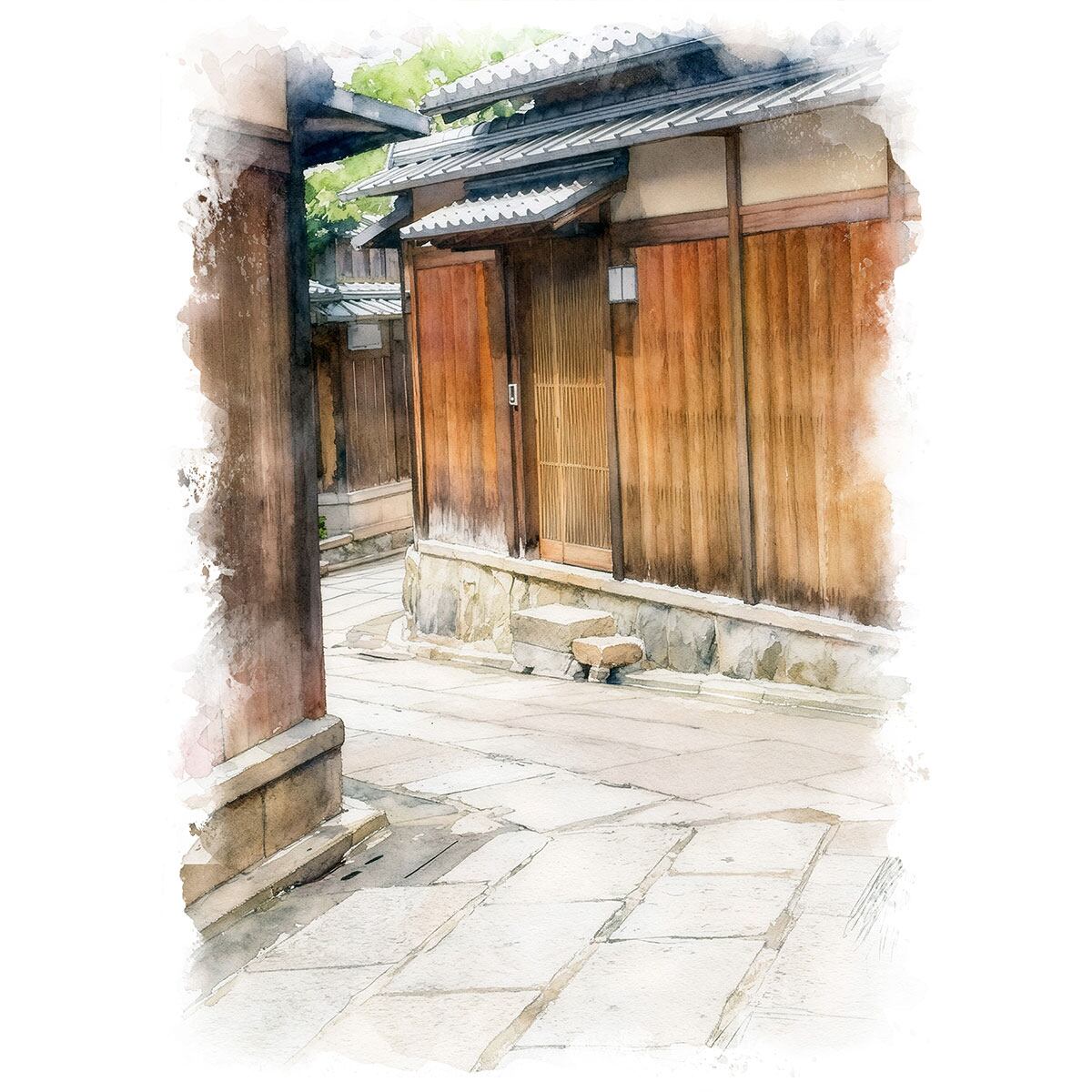 絵画 風景画(街並み) 日本 京都府 祇園 石塀小路 インテリアアート額付き 水彩画・油絵風 WAT1505