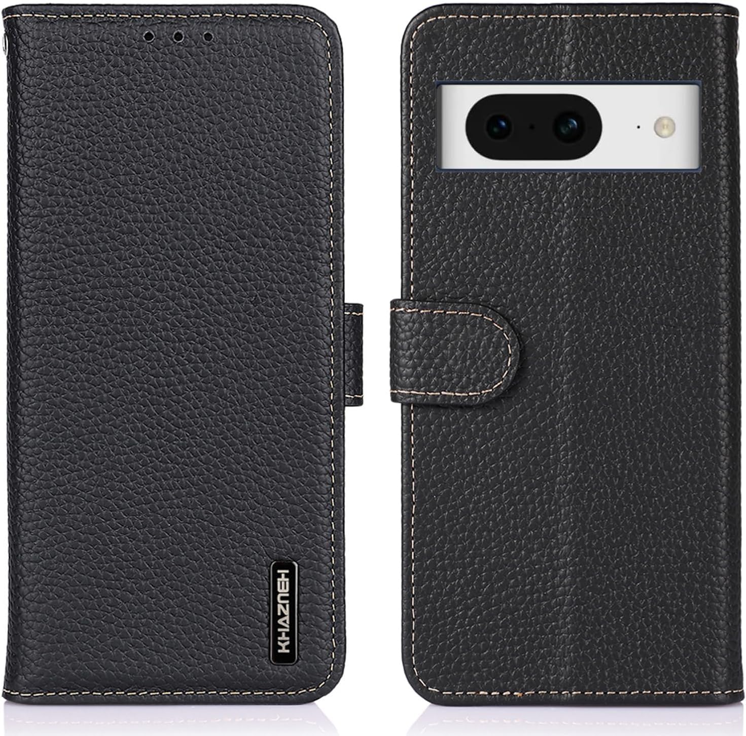 for Google Pixel 8 ケース 手帳型 本革 for グーグル ピクセル8 カバー 本革 財布型 シュリンクカーフレザー 高級本皮 ライチ柄 良い触り心地 サイドマグネット式 2枚カード収納 横置きスタンド機能 耐衝撃 XJUN ブラック