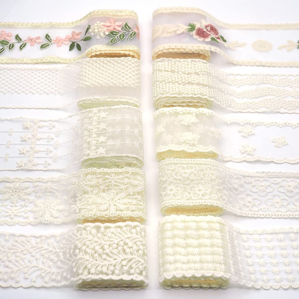 【人気】sempiterno 10タイプの流行りの花柄レース生地 ミルクシルク髪飾り刺繍レース シングル長さ約1m ウェディング糸ホームテキスタイル布地刺繍バーコードDIY補助材料(10タイプアソート)