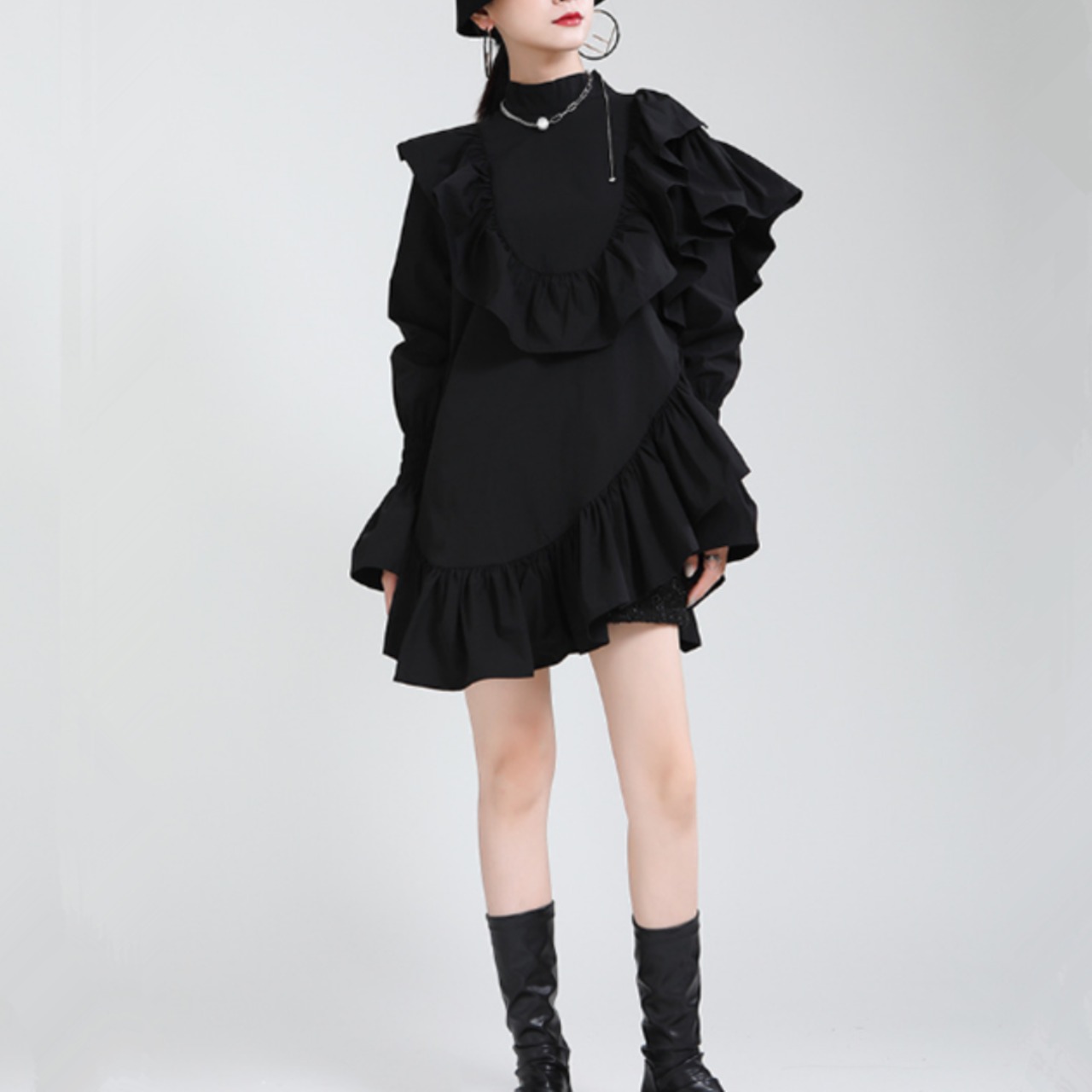 Ruffled bell sleeve high neck long shirt(ME002)