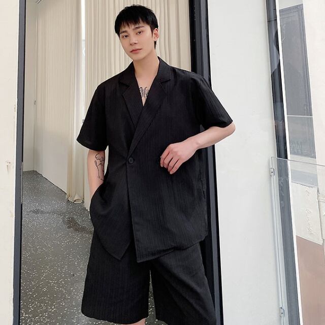 予約販売】メンズ セットアップ 上下 ハーフパンツ 半袖シャツ 無地