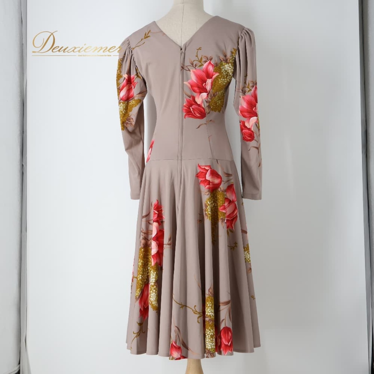 社交ダンス 衣装 ドレス ワンピース ブラウン系 ベージュ系 花 花柄 かわいい 上品 茶 赤 伸縮 ストレッチ 練習 レッスン 落ち着いた色 ダンス衣装 イベント ステージ パーティー おしゃれ レディース ダンス 長袖 ピンク系 レッド系