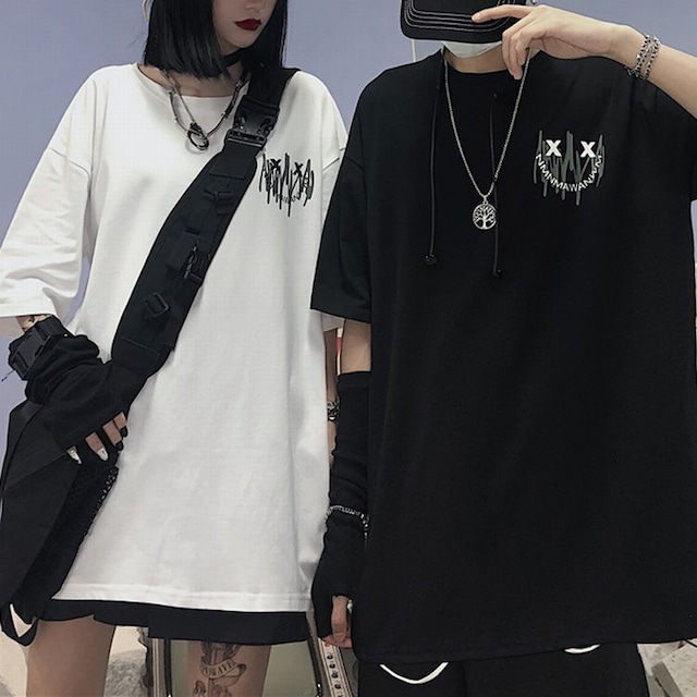 ユニセックス Tシャツ 半袖 ドロップショルダー ワンポイントプリント シンプル ラウンドネック オーバーサイズ 韓国ファッション メンズ レディース トップス 大きめ ストリートファッション (DTC-620416043566)