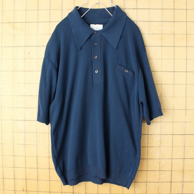 60s 70s USA製 Mac Taggart バンロン ポロシャツ メンズL ネイビー 