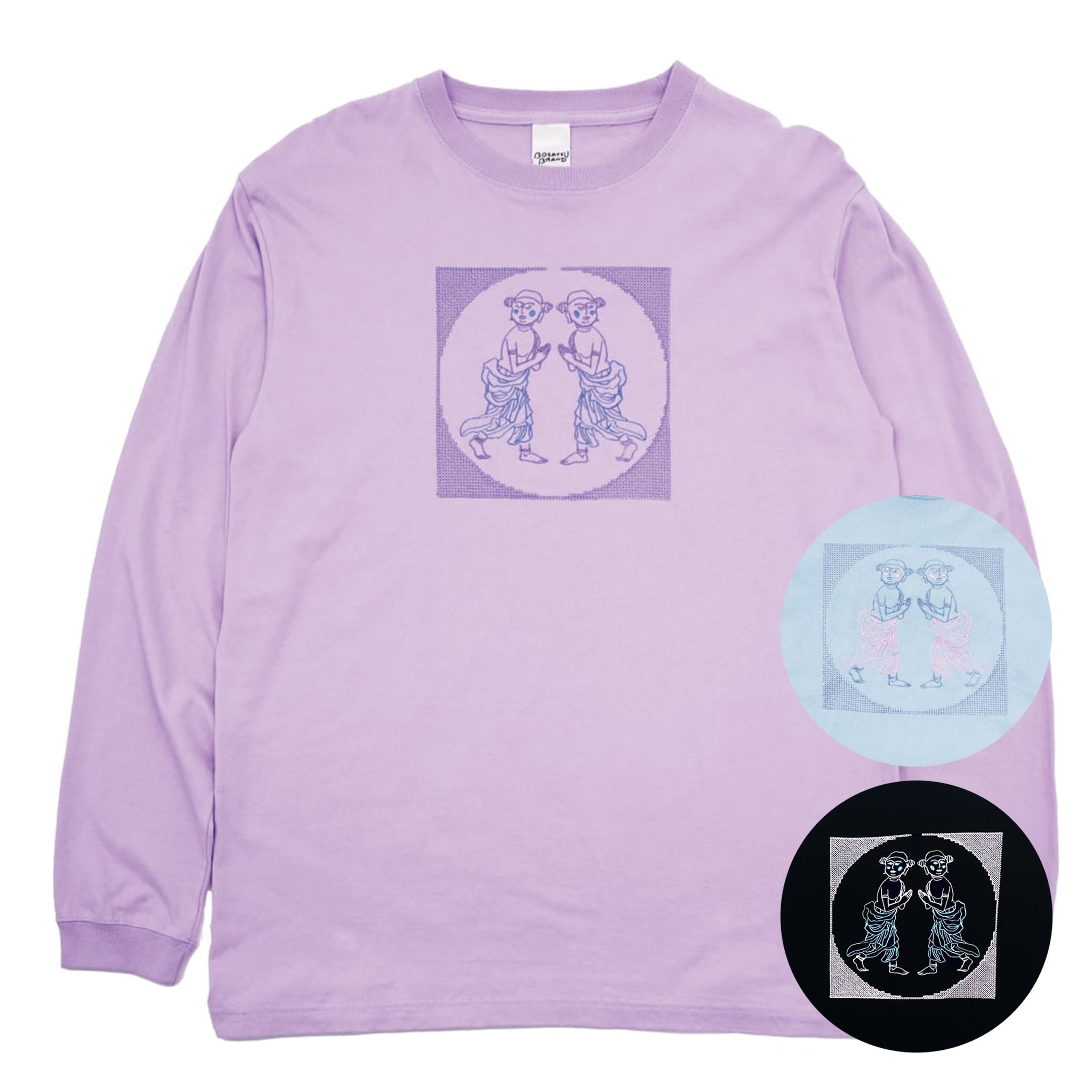 善財童子 仏像 ロングスリーブ Tシャツ (刺繍) 5.6oz ブラック