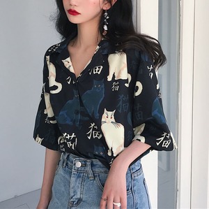【可愛い】猫プリントシャツ A0969