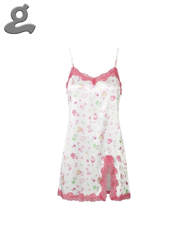 GRAPE Printed Satin Lace Slip Nightdress
