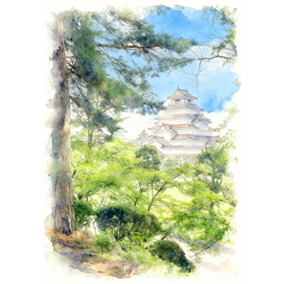 絵画 風景画 日本の城 福島県会津若松城(鶴ヶ城) インテリアアート額付き 水彩画・油絵風 WAT0955