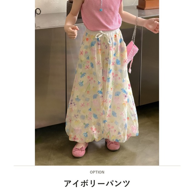 【KID】フラワー総柄ウエストリボンワイドロングパンツ - 2