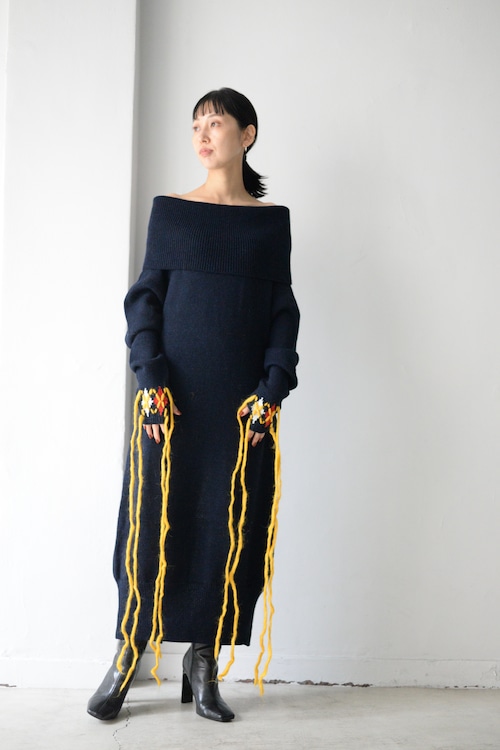 YOHEI OHNO / knit dress with argyle hands (navy)