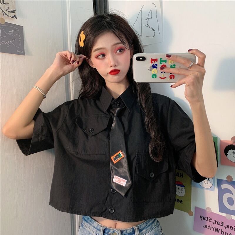 洋服女性の2020年の新しい夏服バージョンのルーズ半袖シャツは、ネクタイ付きの薄いショートシャツとすべて一致します 1号婦人42159066255