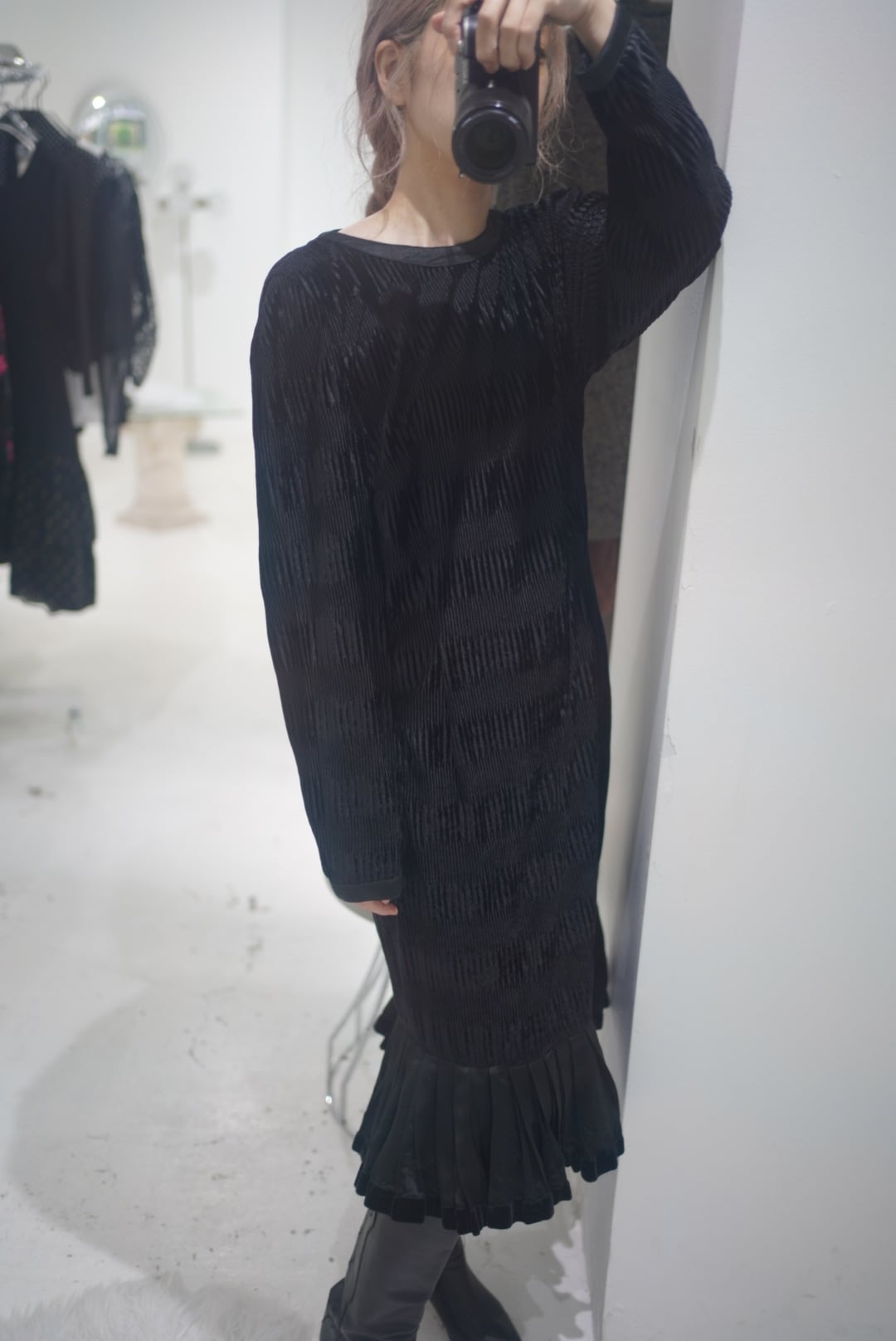 shirring velours frill dress
