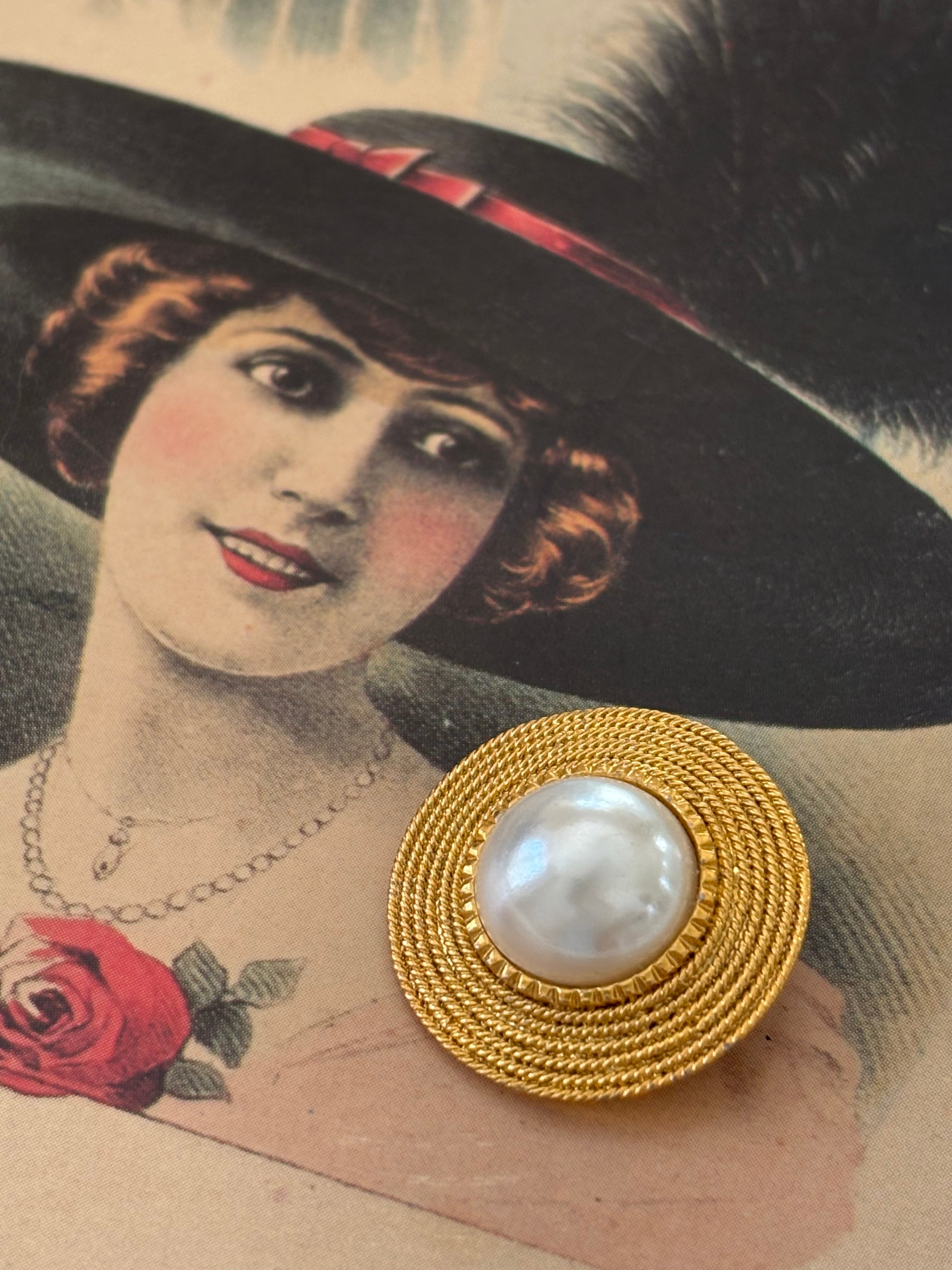 22mm Japanese Vintage メタルボタン メタル×パール調カボションゴールド アクセサリーパーツ 装飾材