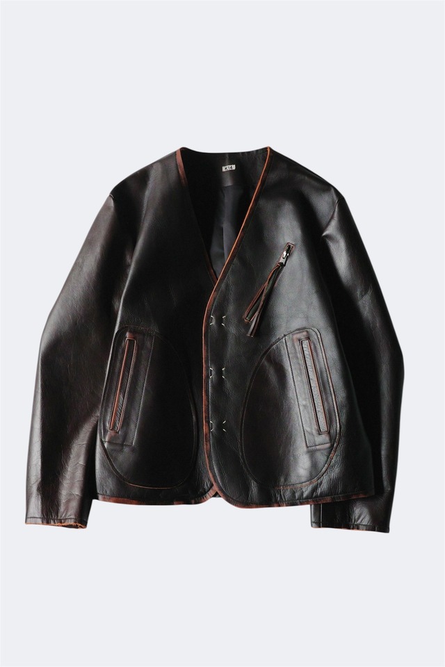 KHOKI 【No Collar Leather Jacket   -Brown-】