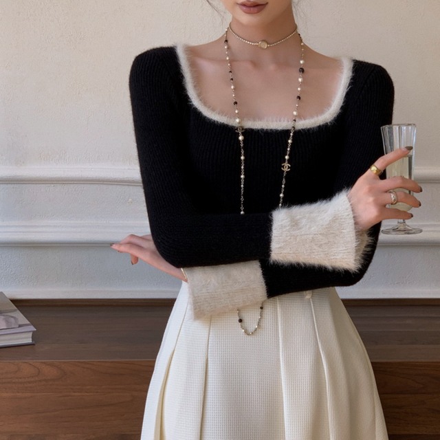 Color Trim  Crew Neck Pullover Knit　ch0237