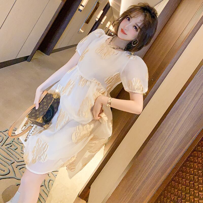 ラウンドネックプリーツFlowerデザイン スリーブスカート ドレス サマー 大人ガーリー スウィート キュート カジュアル 夏物 Oネック フラワーデザイン MIUCO72434244708