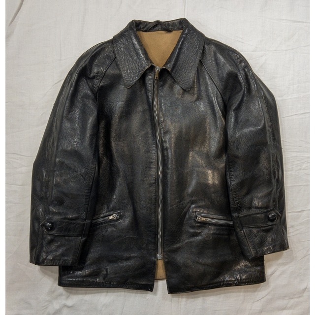【1940-50s】"Italian Vintage" Black Goatskin Leather Motorcycle Jacket