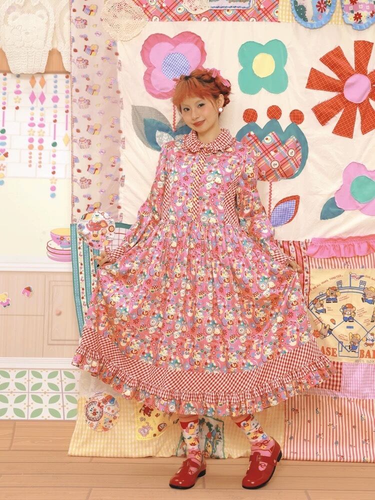 ワンピース エプロンワンピース ガーリー 姫 かわいい 赤 ピンク