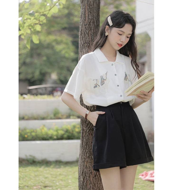 猫姑娘シリーズ】☆シャツ☆ 2color トップス 刺繍 レディース  