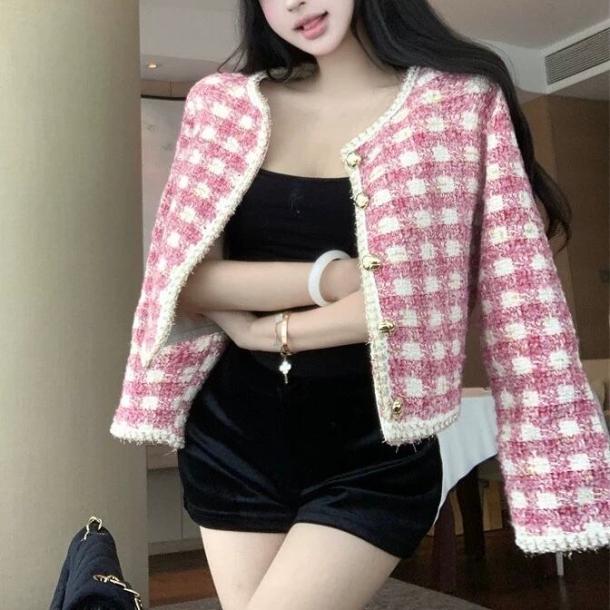 2way♡ノーカラーガーリーピンクチェックジャケット