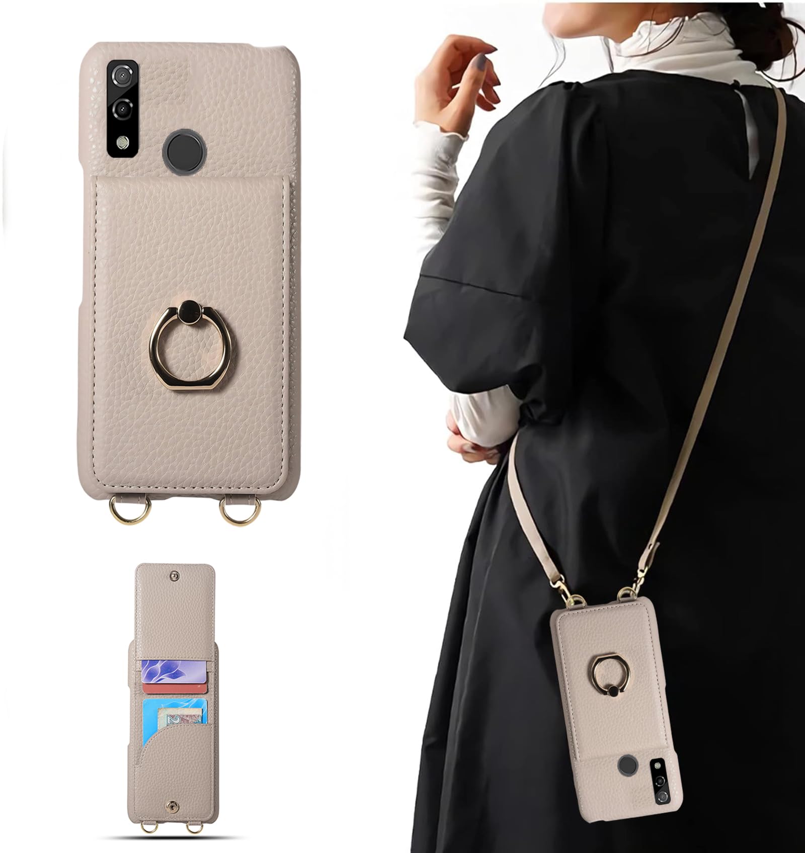 for arrows f-51b ケース ストラップ付き スマホケース ショルダー 背面 カード収納 pu レザー リング付 アローズf51b 用 カバー 携帯 落下防止 肩掛け 斜め掛 首掛け スタンド機能 モカブラウン