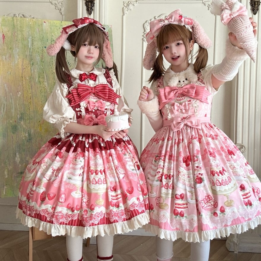 クリーム地ケーキくま総柄 JSK 赤リボン甘ロリワンピース 苺姫の夢見るケーキパーティー大きめリボン付き甘ロリジャンスカ 2色