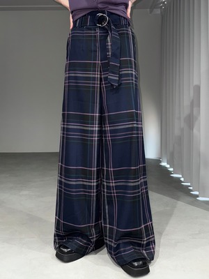 check belted high waist wide trousers / navy × pink