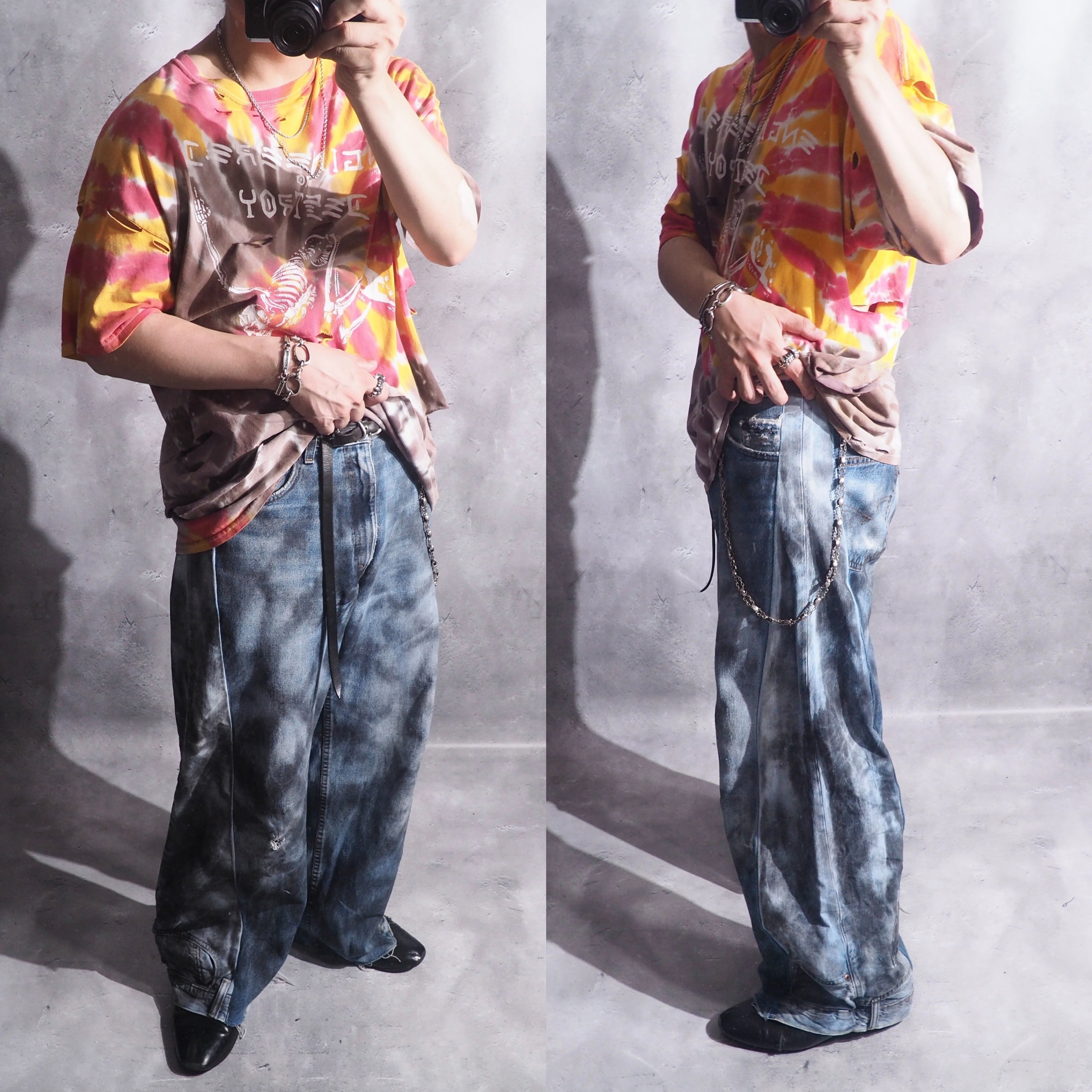 " Special - Re:make " Black Cross Spray × Docking Wide Buggy Denim Pants