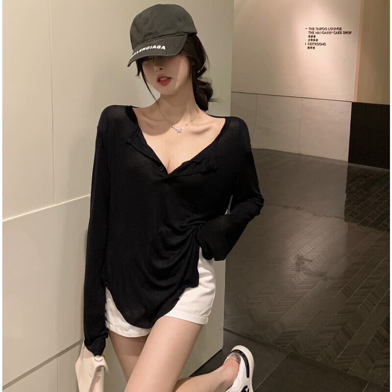 Vネックブラウス レディースサマールーズカジュアルTシャツ ロング ピンク 夏物 ピュア ガールズファッション62365731075