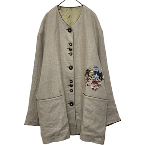 『美品 VINTAGE market embroidery metal heart button fake wood button linen 100% big silhouette over size Tyrol Tyrolean jacket』USED 古着 ヴィンテージ 市場 刺繍 メタル ハート フェイク ウッド ボタン リネン100% ビッグ シルエット オーバー サイズ チェック チロル チロリアン ジャケット