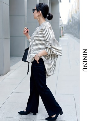 oversize back-gather stripe blouse【NINE-T0107】