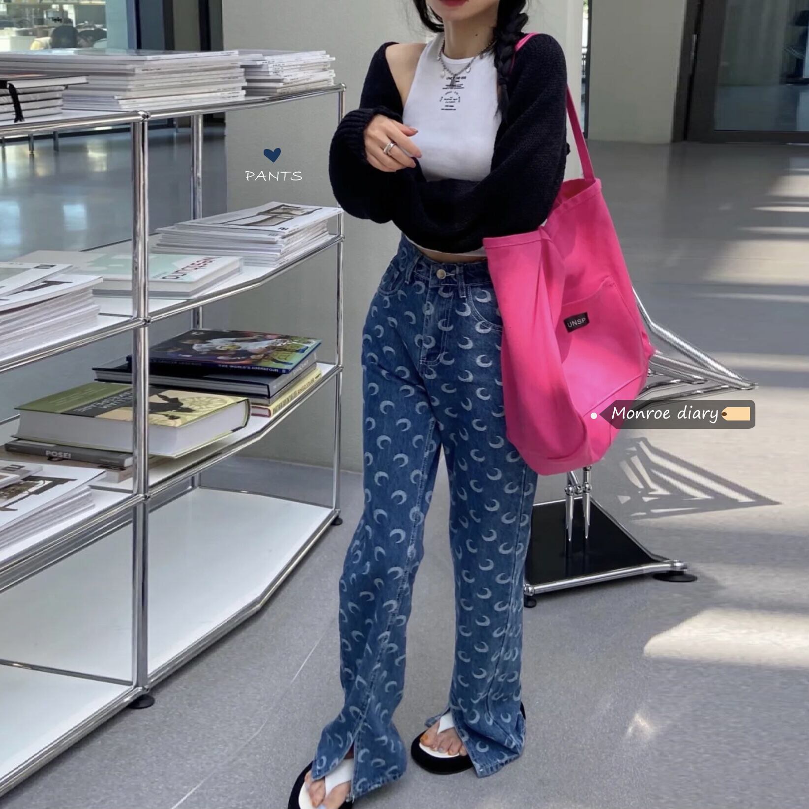 ルーズプリントハイウェストウェストジーンズ レディーススプリングオータム薄手ロングパンツ 春物 秋物 モンロー93912206475