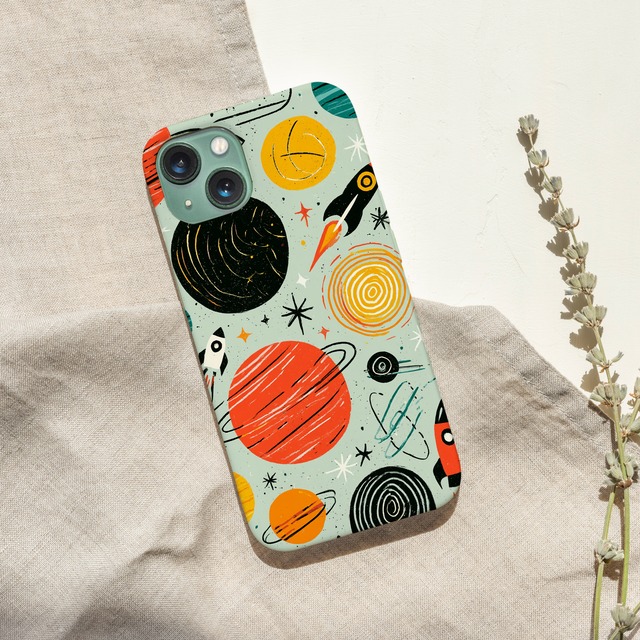 受注生産 iPhoneケース 惑星総柄のレトロ宇宙柄｜レトロ宇宙 RFSP025C