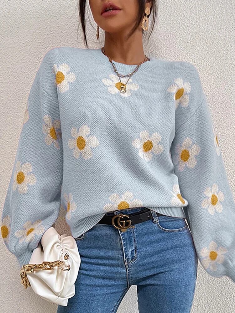 【新作】【送料無料】 Tarxy 花ニットプルオーバーセーター女性 O ネック長袖ルーズレディースプルオーバージャンパー 2022 秋冬暖かいセータートップス 011656885428