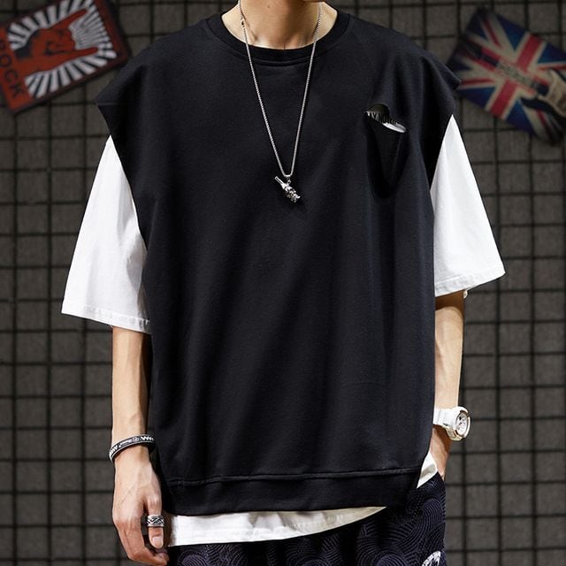 【予約販売】 トップス 半袖 メンズ Tシャツ レイヤード 重ね着風 バックロゴ ブラック グレー ブルー グリーン ゆったり カジュアル こなれ感 お洒落 韓国 トレンド 春 M/L/XL/2XL