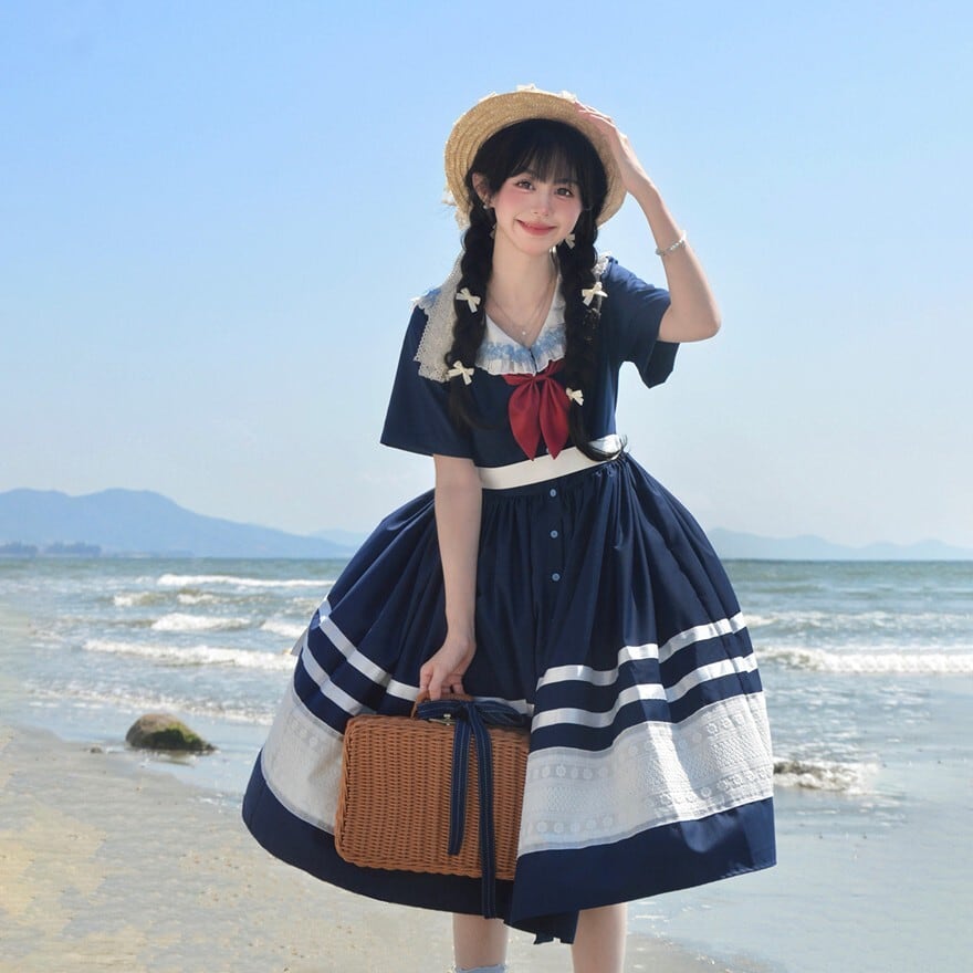 クラロリ｜セーラー風半袖フレアワンピース（ネイビー・ライトブルー